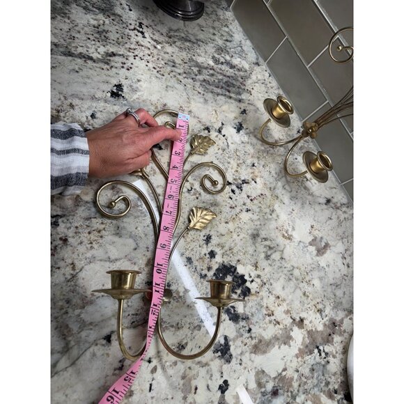 Pair VTG Gold Brass Wall Candle Holders Sconces Leaf scroll Hollywood Regency - Picture 5 of 13